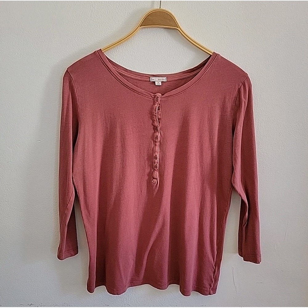 Gap Vintage Long Sleeve Half Button Round Neck Pima Cotton Tee Rust Brown Casual